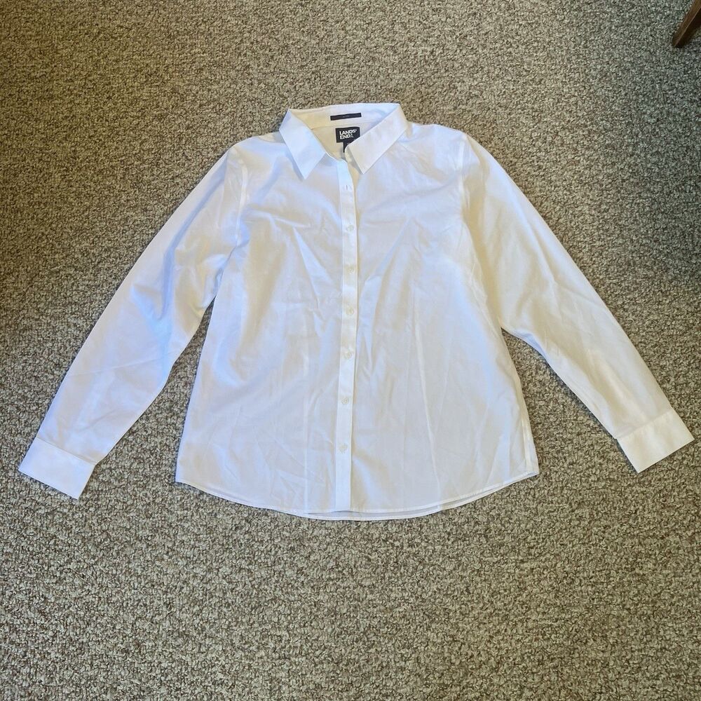Lands End Womens No Iron Button Up Blouse Shirt Size 12 Long Sleeve White Office